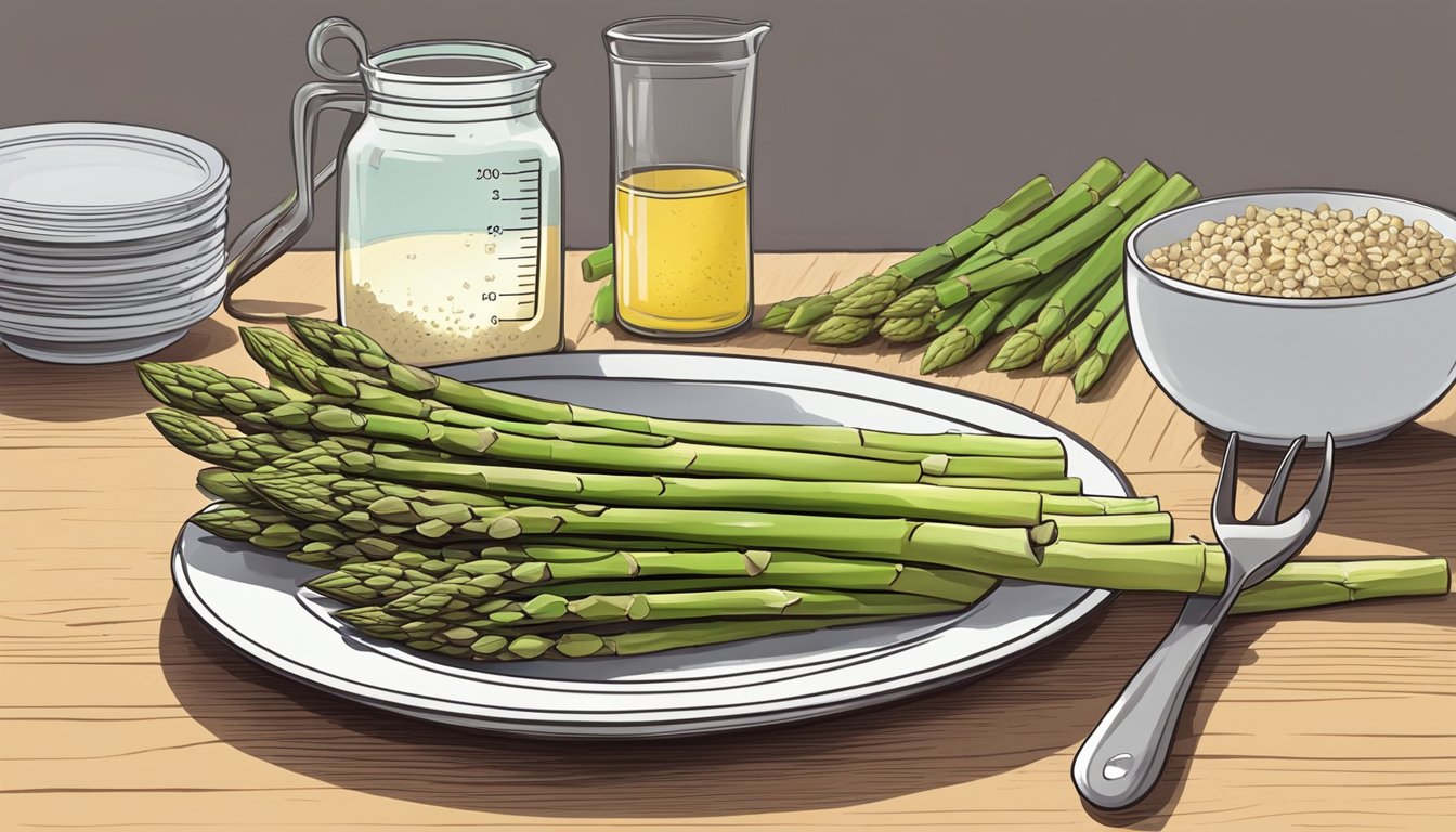 A plate piled high with fresh asparagus spears, with a measuring cup of folate-rich foods nearby