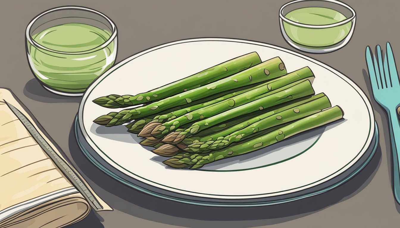 A plate of asparagus with a measuring cup showing the recommended daily folate intake