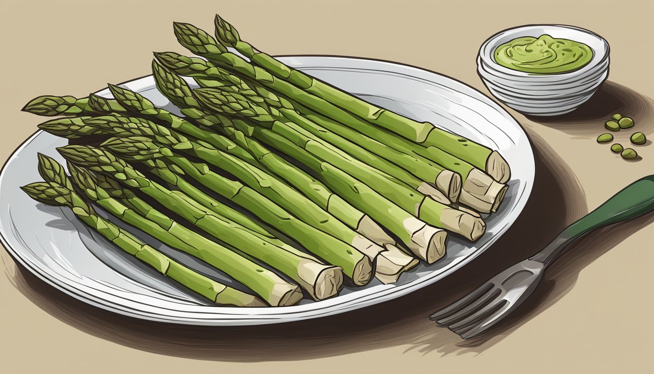 A plate of asparagus arranged in a visually appealing manner, with a serving size that meets daily folate requirements