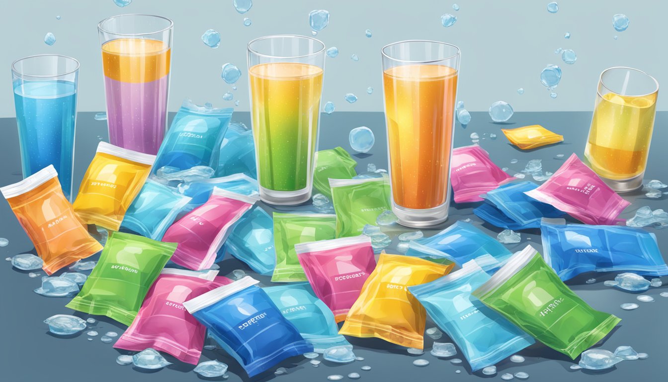 A table covered in empty LMNT electrolyte packets, surrounded by overflowing glasses of water