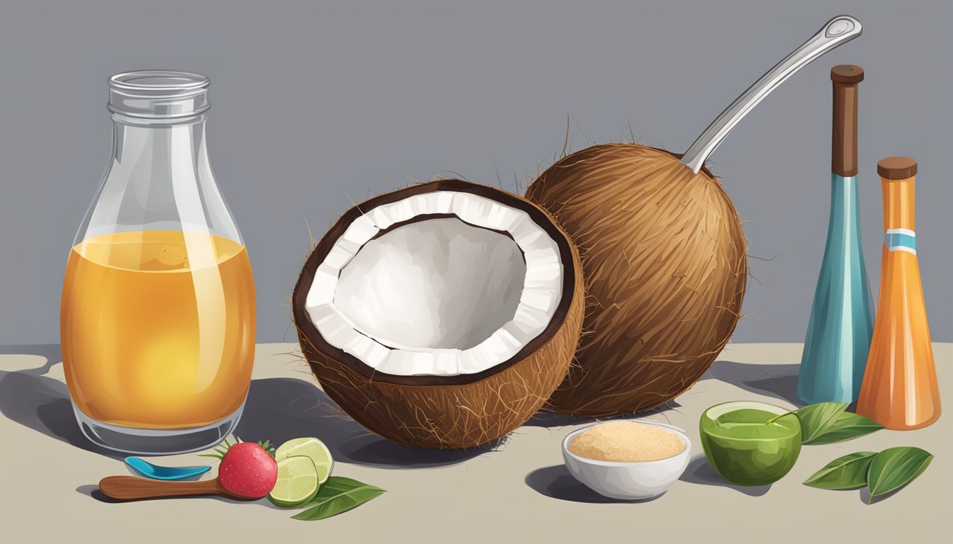 A coconut with a measuring spoon next to it, surrounded by various foods and drinks