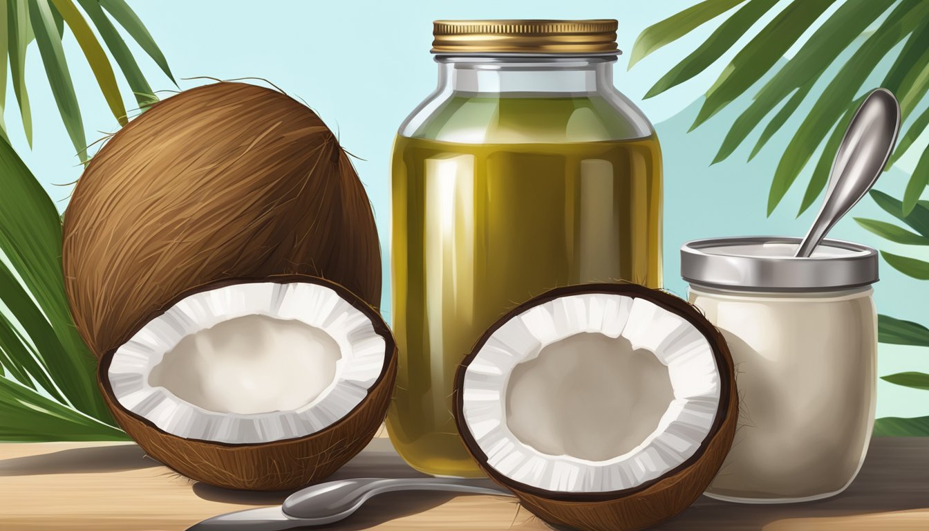 A jar of coconut oil next to a measuring spoon and a plate of fresh coconuts