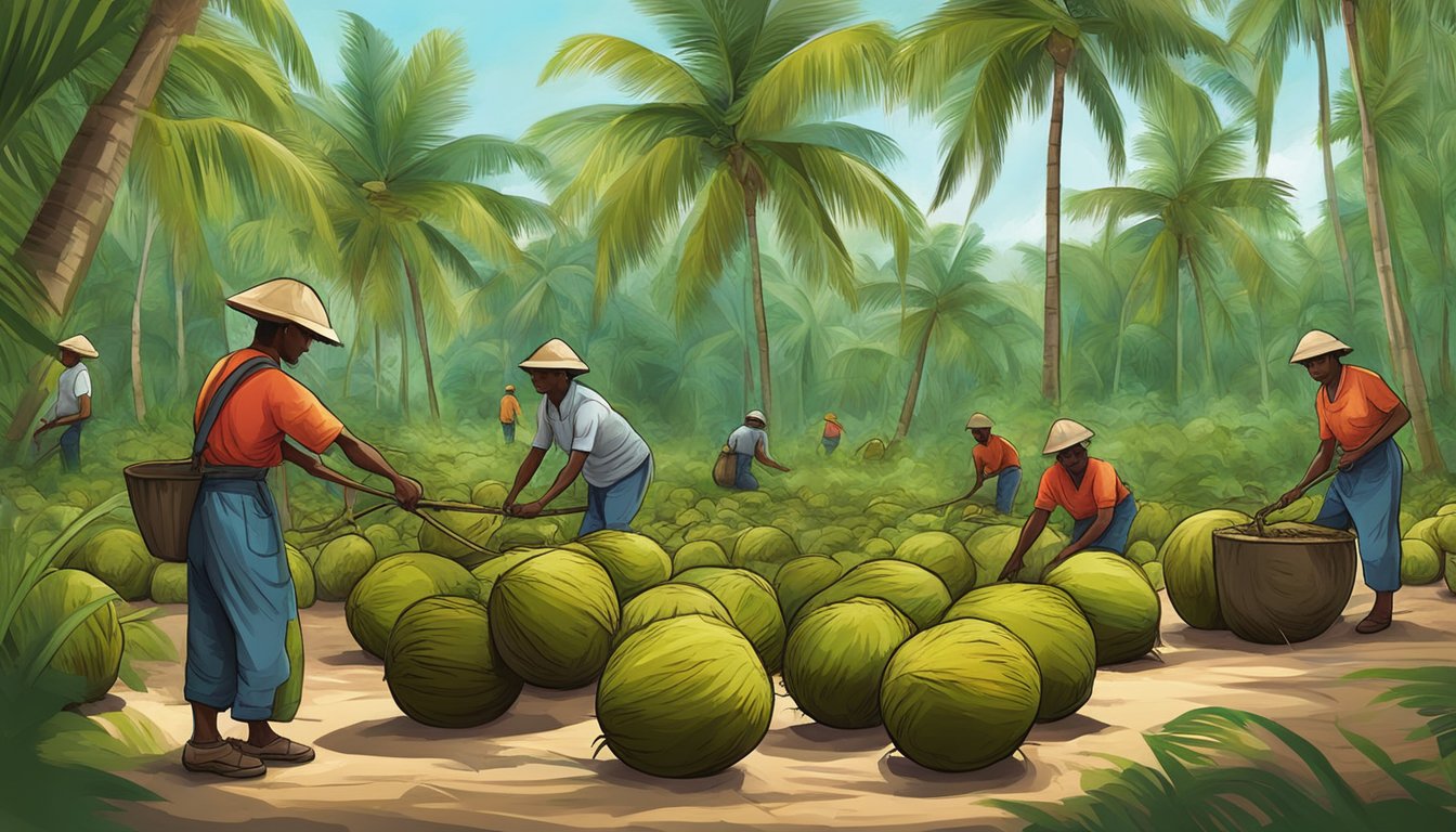 A lush coconut grove with workers harvesting coconuts and processing them into oil