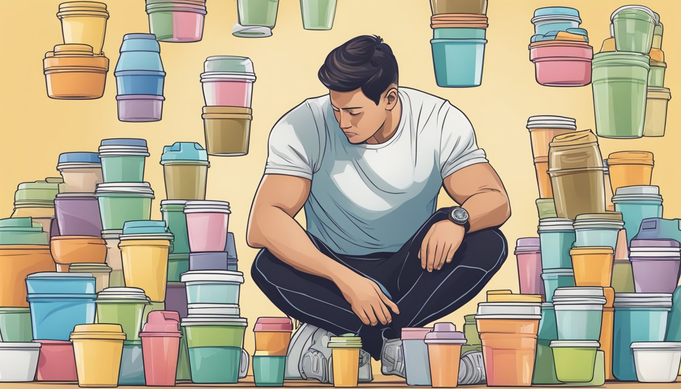 A person surrounded by empty Fit & Lean Meal Shake containers, looking overwhelmed