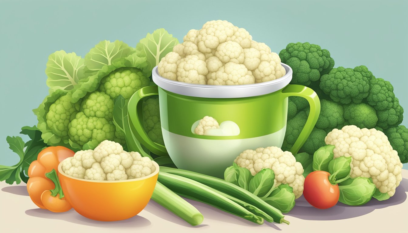 A measuring cup filled with cauliflower florets, surrounded by fresh vegetables and a vitamin C supplement bottle