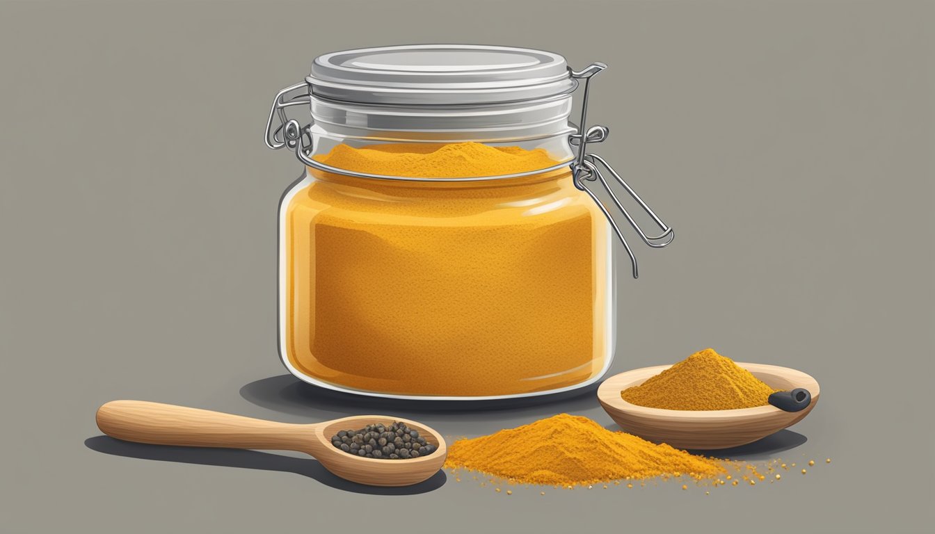 A glass jar filled with turmeric powder surrounded by fresh ginger root and black pepper, with a measuring spoon and a mortar and pestle nearby