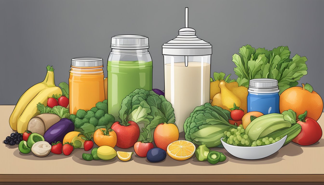 A table with multiple empty shaker bottles and a pile of Fit & Lean Meal Shake packets, surrounded by various fruits and vegetables