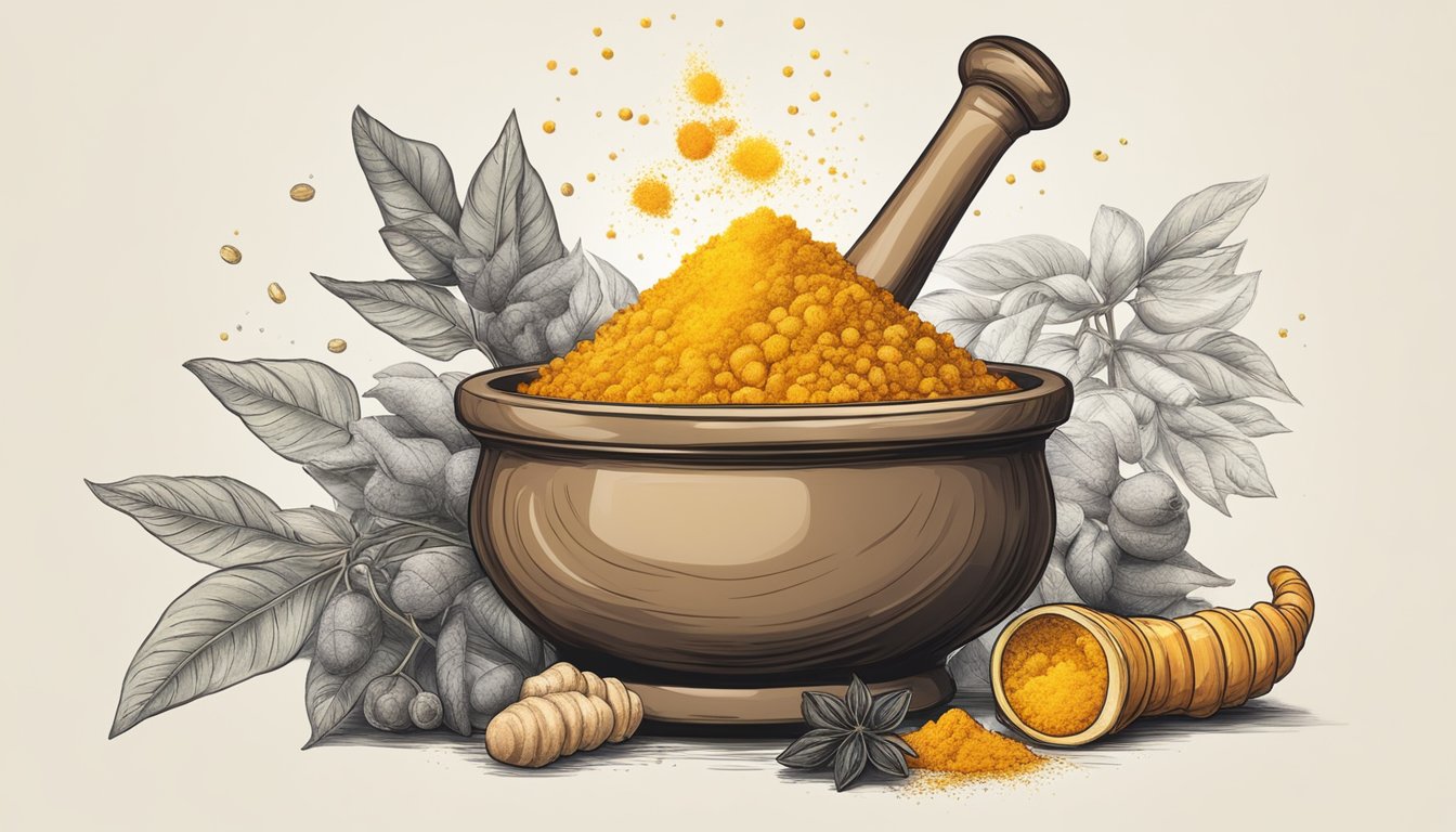 A vibrant mix of turmeric root, ginger, and black pepper spills from a mortar and pestle, emitting a warm, healing aroma