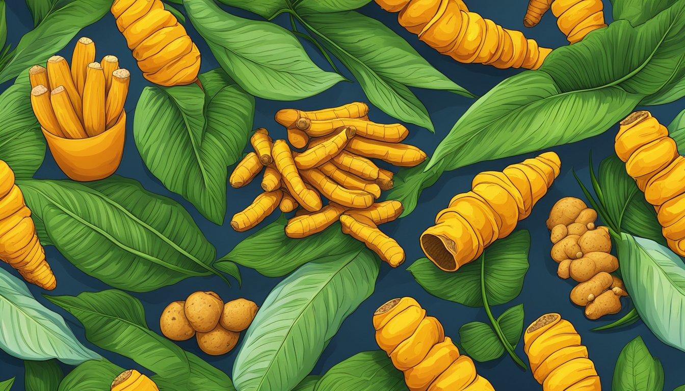 A vibrant pile of turmeric roots and powder, surrounded by fresh ginger and black pepper, with a backdrop of lush green leaves and a clear blue sky