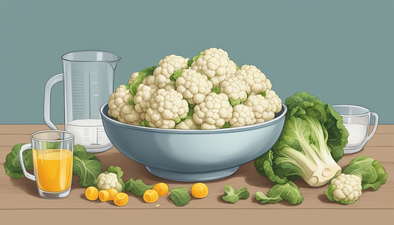 A bowl of cauliflower overflowing with vitamin C, surrounded by measuring cups