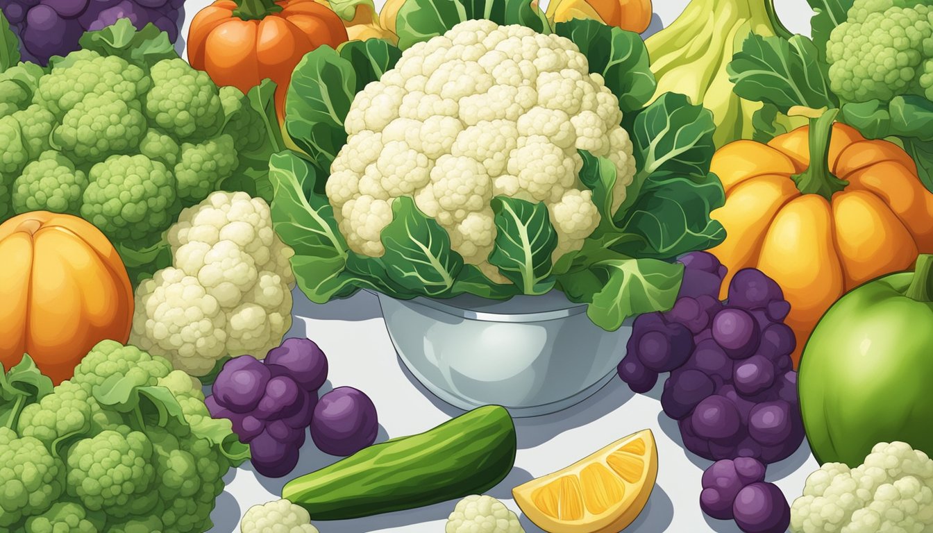 A colorful array of cauliflower florets spilling out of a measuring cup, surrounded by various fruits and vegetables, with a focus on the vibrant white and green hues of the cauliflower