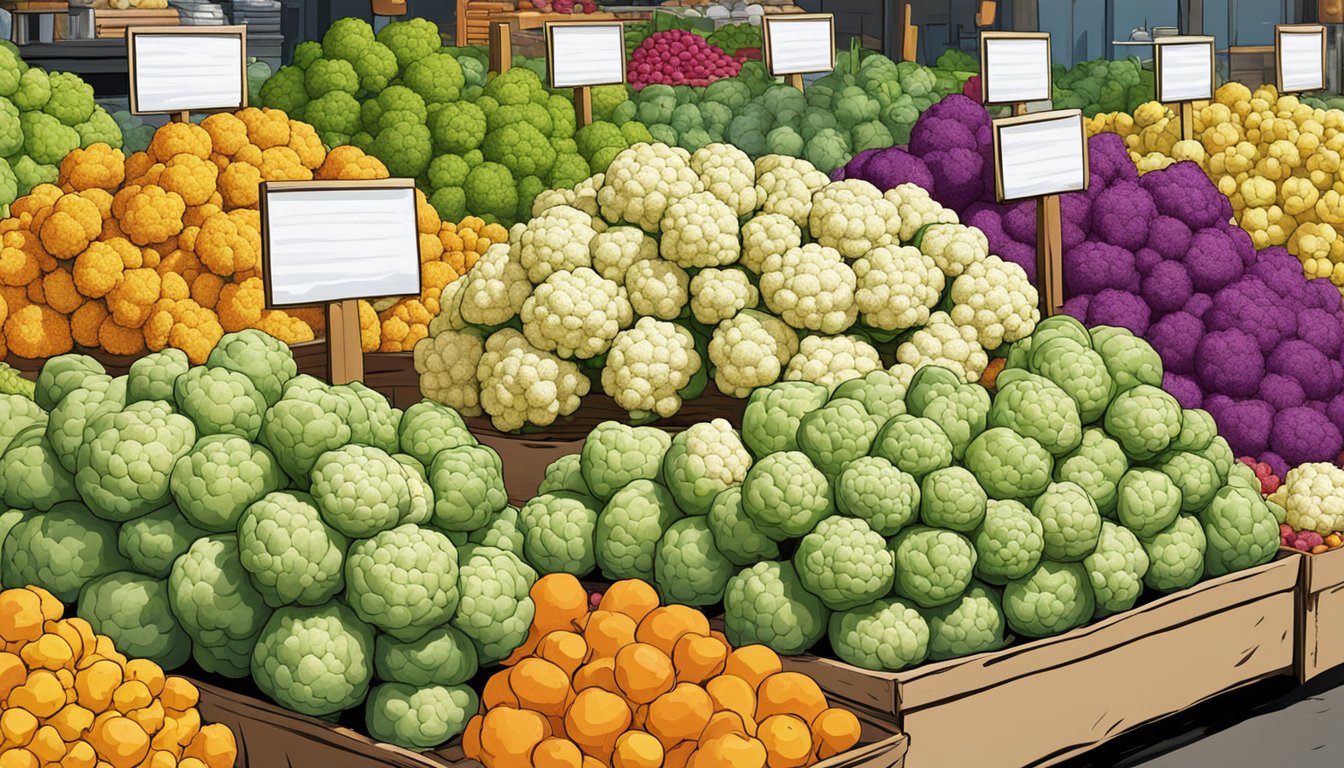 A colorful array of fresh cauliflower heads, displayed in a market setting, with a sign indicating the amount needed for daily vitamin C intake