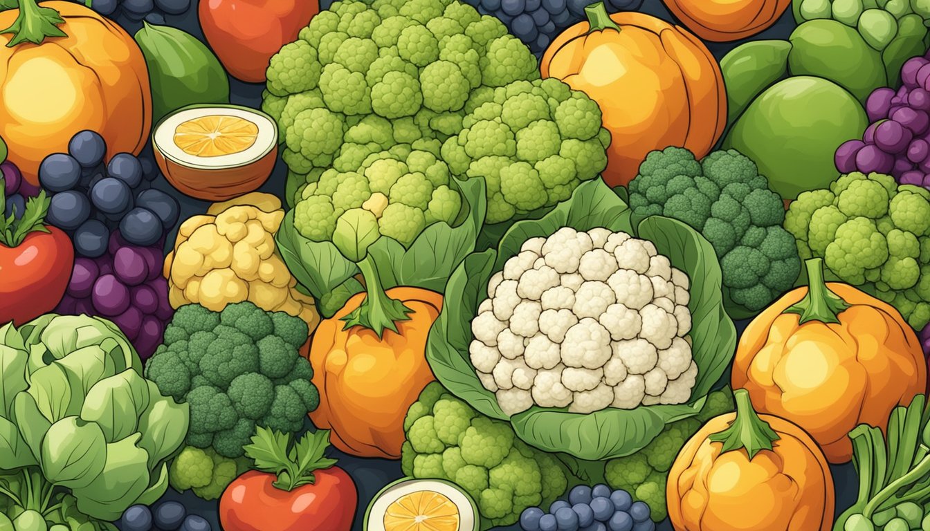 A pile of cauliflower cups, surrounded by various fruits and vegetables, with a focus on the cauliflower for its vitamin C content