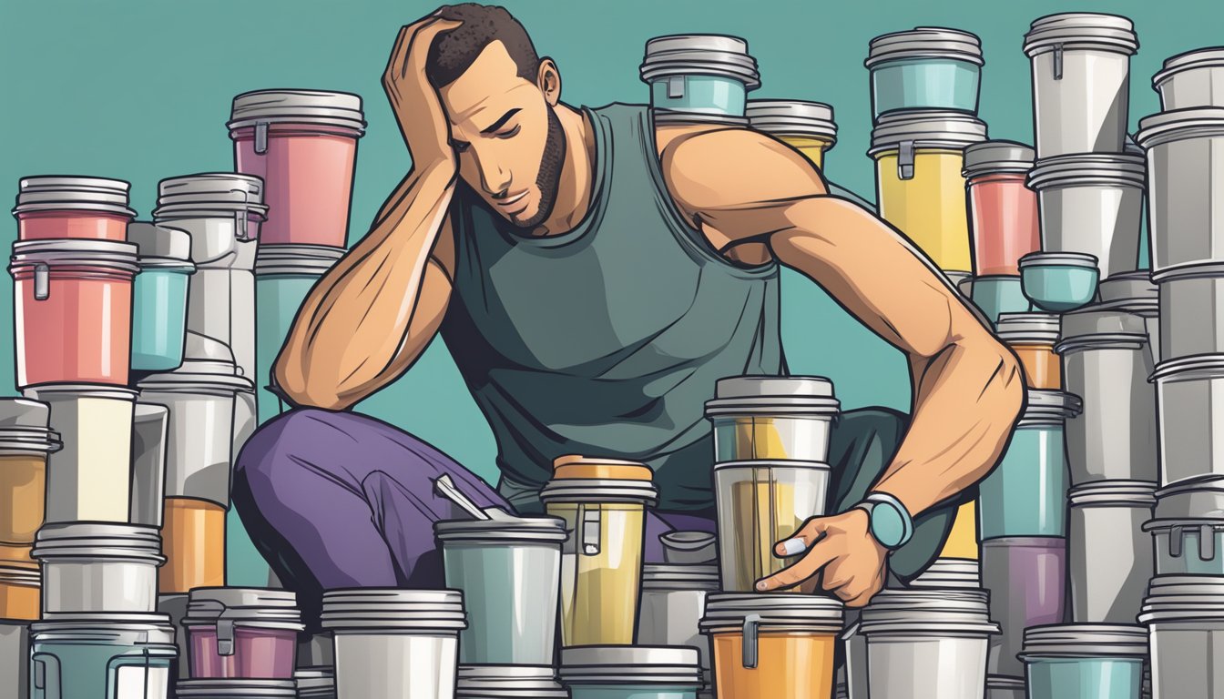 A person surrounded by empty Fit & Lean meal shake containers, looking overwhelmed