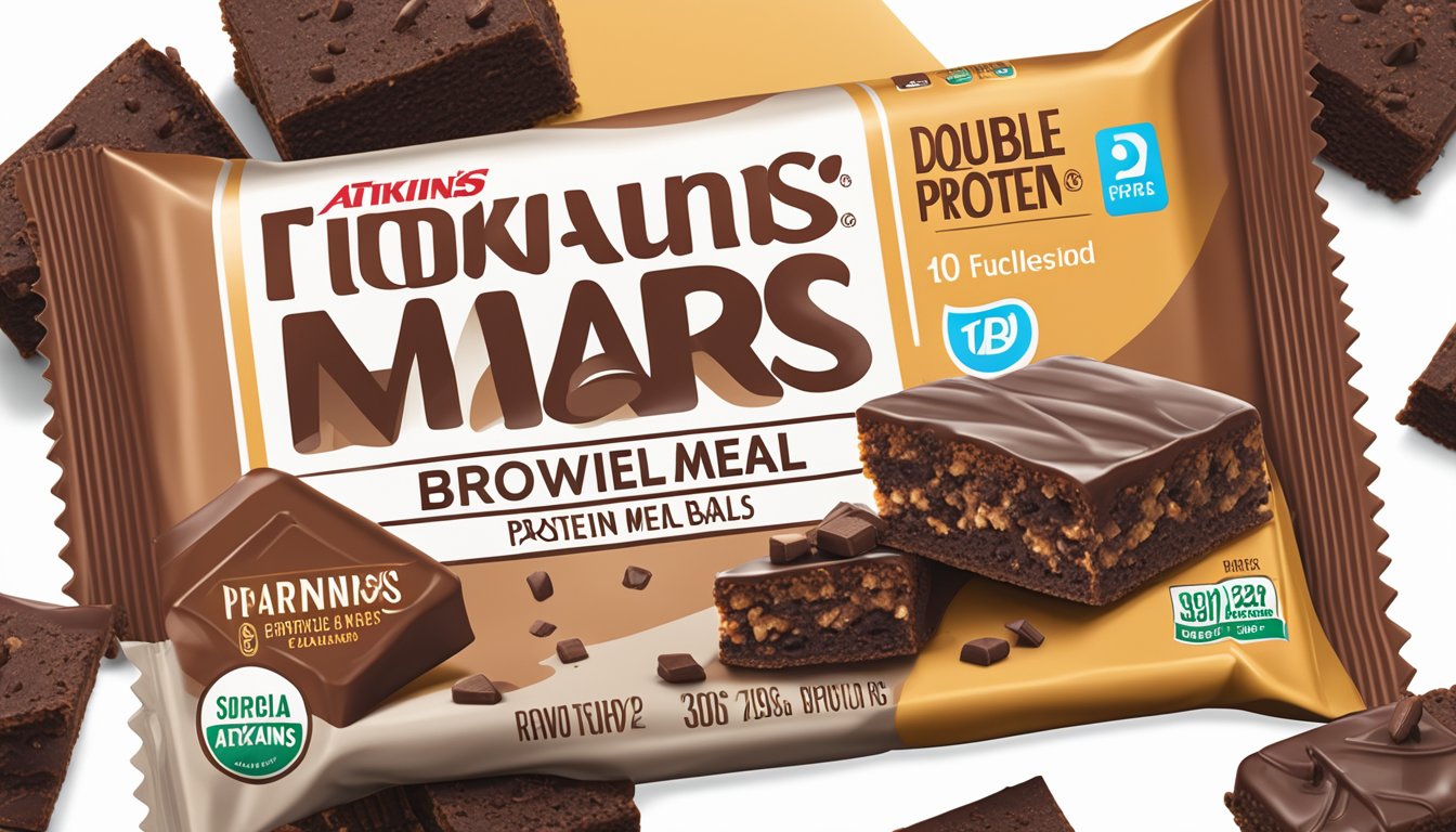 A stack of Atkins double fudge brownie protein meal bars, with one bar partially unwrapped, surrounded by empty wrappers