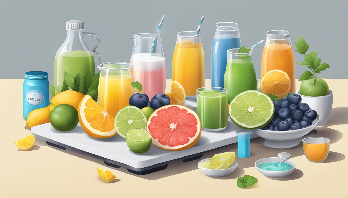 A variety of electrolyte-rich foods and drinks displayed with a measuring tool, emphasizing balance and moderation