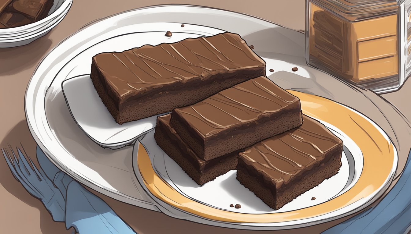 A stack of uneaten Atkins double fudge brownie protein meal bars sits next to an empty plate