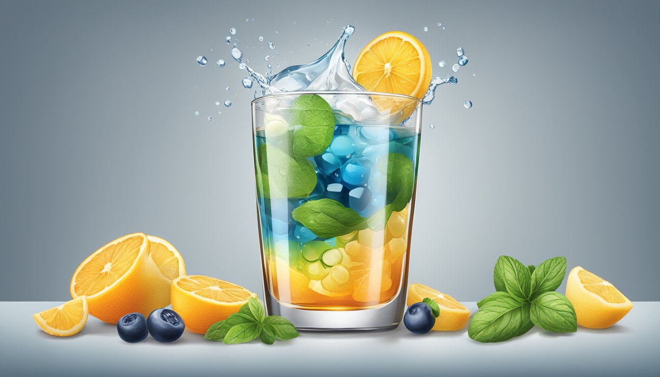 A glass with multiple servings of micro ingredients hydration, overflowing with liquid