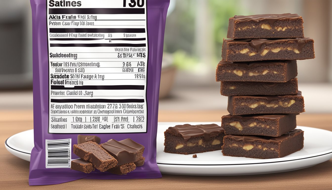 A pile of Atkins double fudge brownie protein meal bars stacked on a plate, with a nutrition label beside it