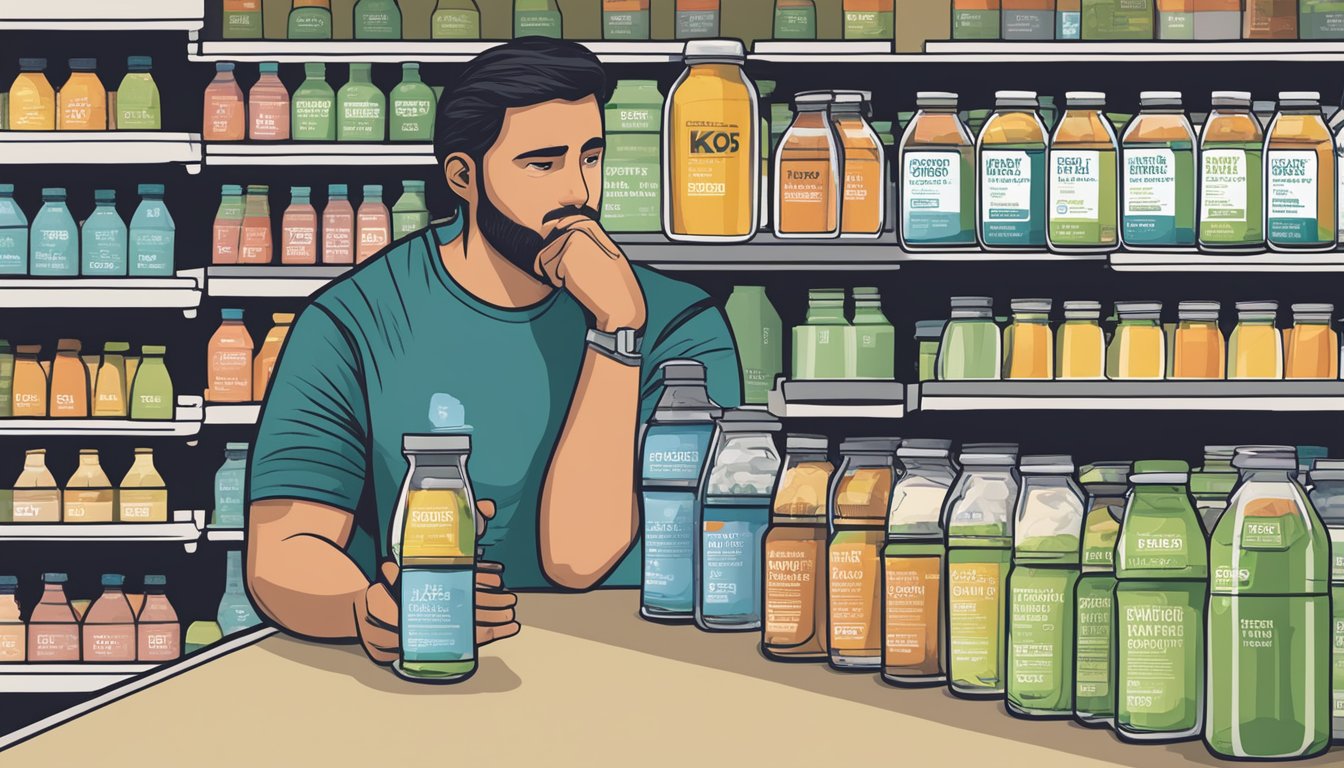 A table with multiple empty bottles of KOS organic shake and a person with a concerned expression looking at the nutrition label