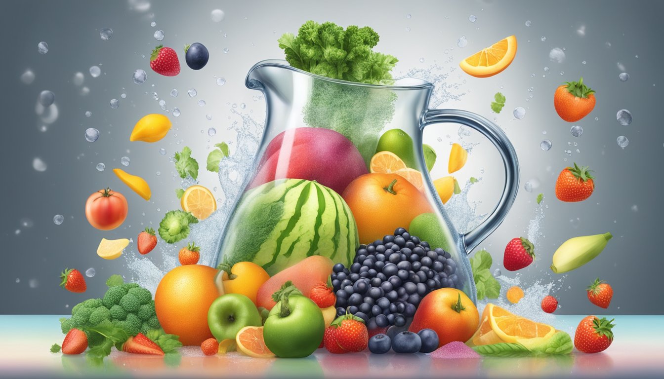 A glass pitcher overflowing with various fruits and vegetables, surrounded by water droplets and a scattering of colorful micro ingredient powders