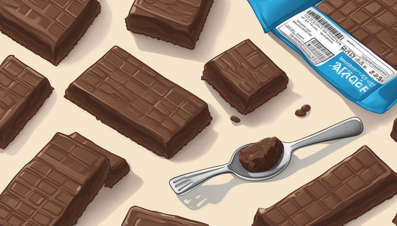 A table with several Atkins double fudge brownie protein meal bars, a nutrition label, and a question mark