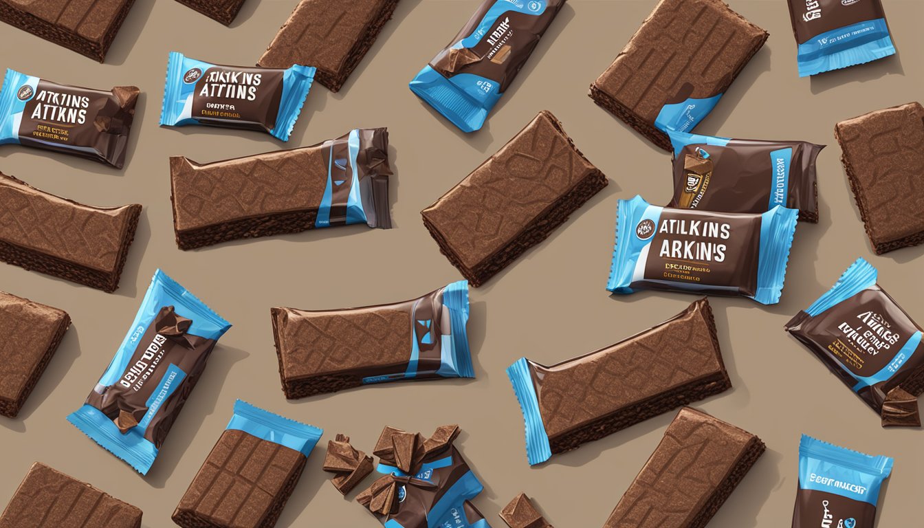 A pile of uneaten Atkins double fudge brownie protein meal bars sits on a table, surrounded by empty wrappers