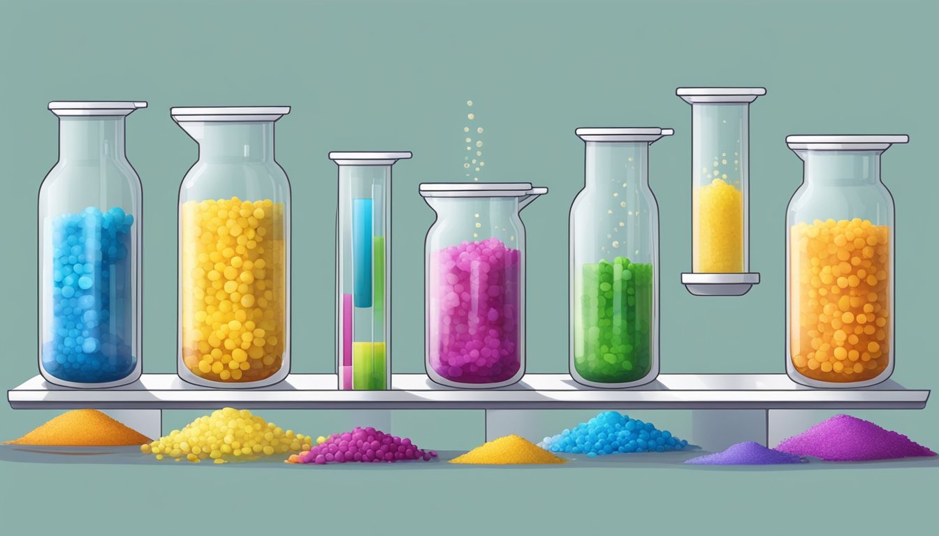 A group of small, colorful micro ingredients are being carefully measured and mixed into a clear liquid in a laboratory setting