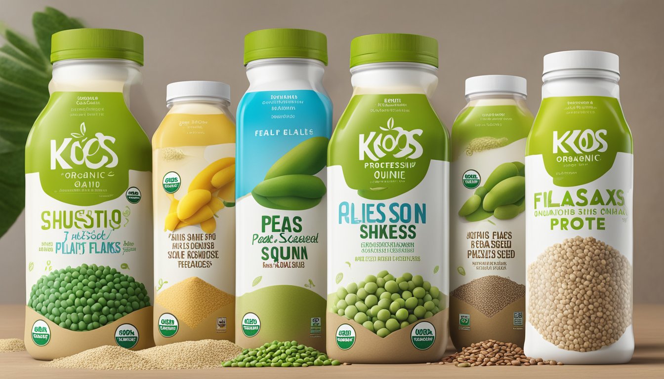 A variety of plant-based protein sources, such as peas, flaxseeds, and quinoa, are displayed alongside KOS organic shakes