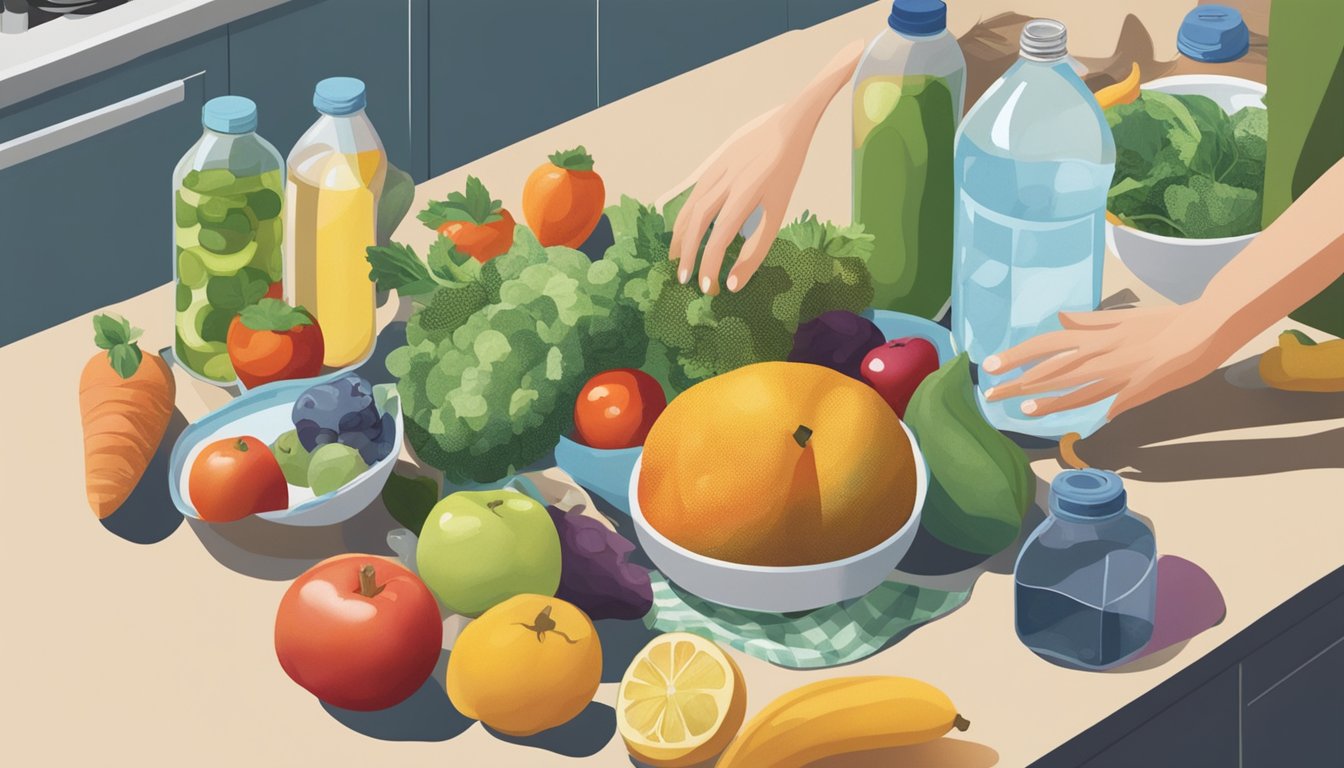 A variety of fruits, vegetables, and water bottles scattered on a kitchen counter, with a person's hand reaching for a glass of water