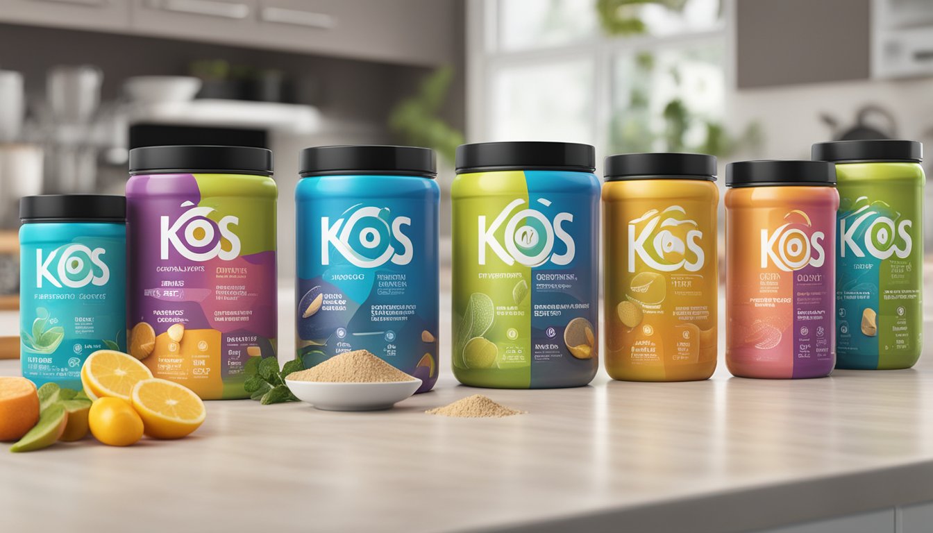 A colorful array of KOS protein powder canisters, with various flavors and sizes, arranged neatly on a kitchen countertop