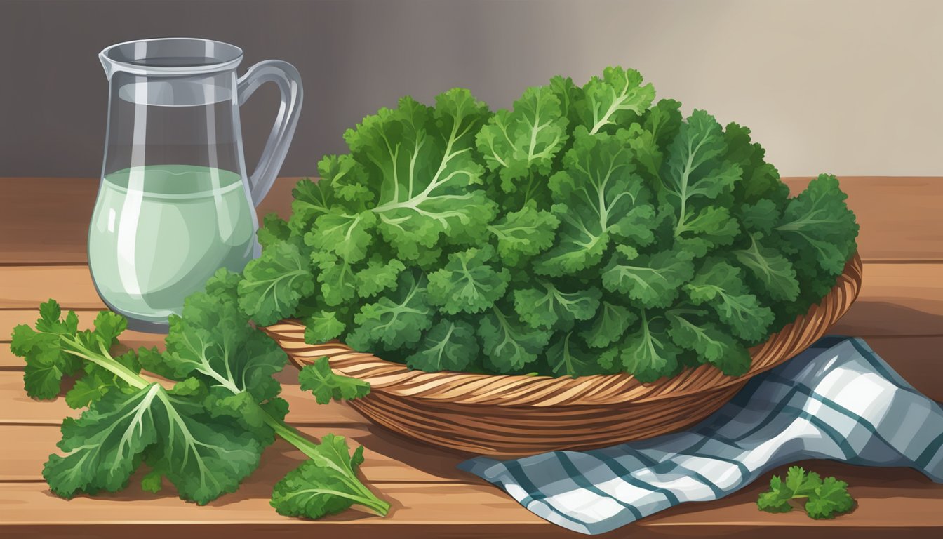 A pile of fresh kale leaves spilling out of a basket, with a measuring cup next to it