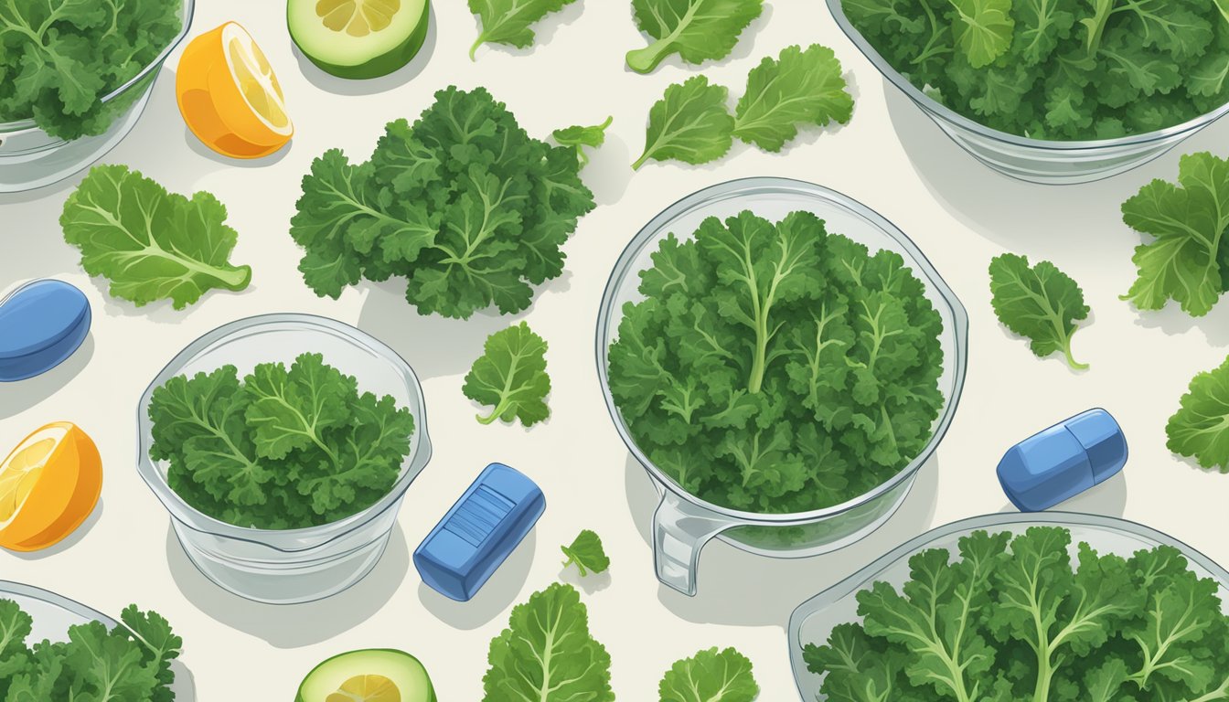 A measuring cup filled with kale leaves, surrounded by vitamin K supplements