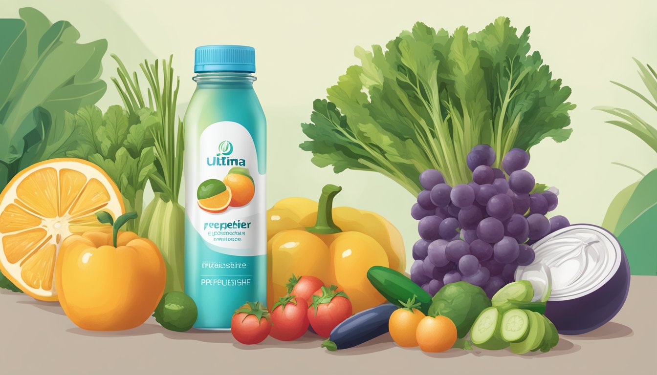 A glass of Ultima Replenisher sits next to a water bottle, surrounded by various fruits and vegetables