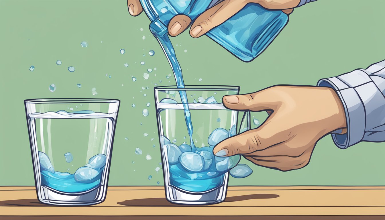 A person pouring multiple servings of Ultima Replenisher into a glass of water