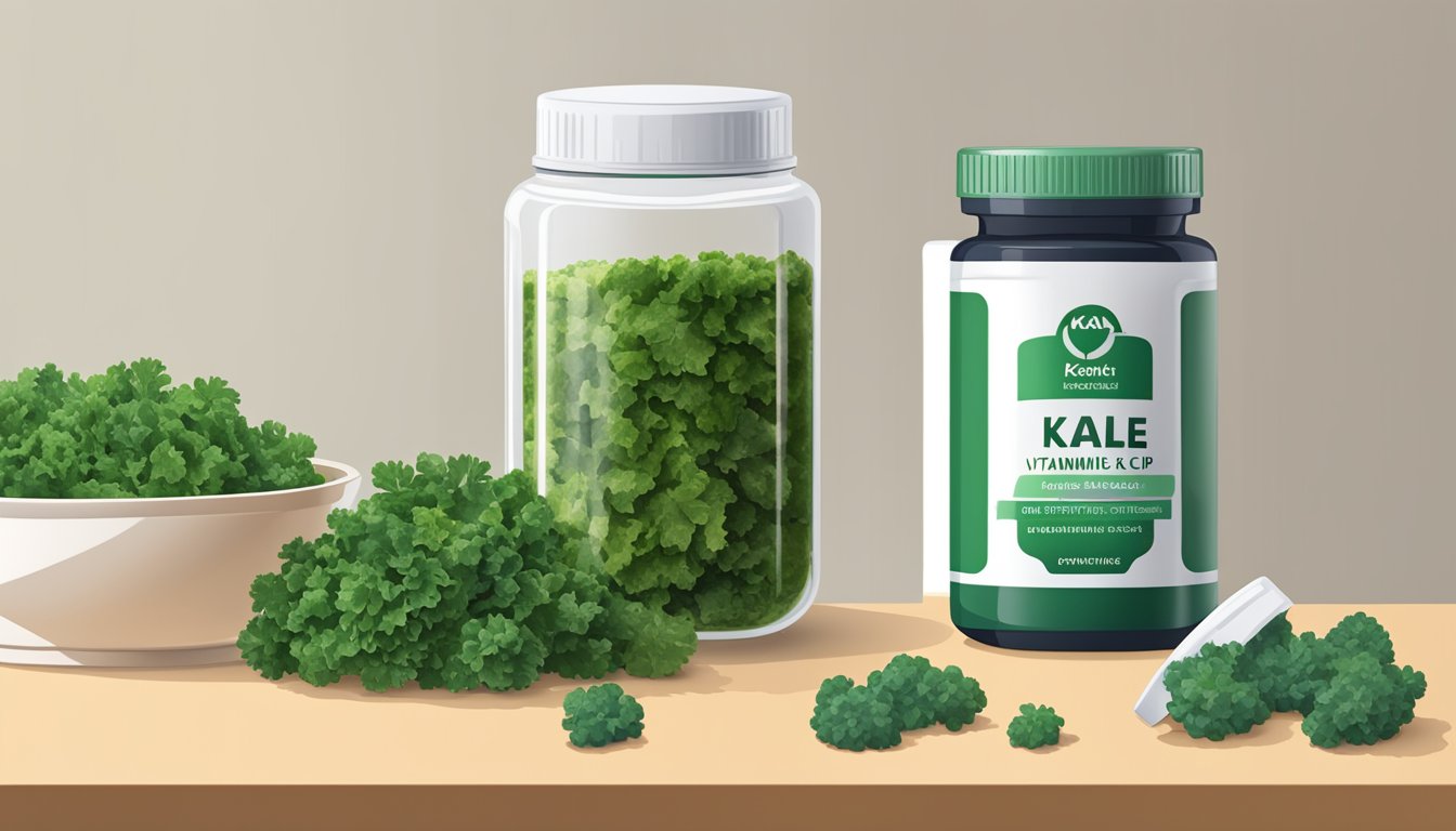 A table with a measuring cup filled with chopped kale next to a vitamin K supplement bottle