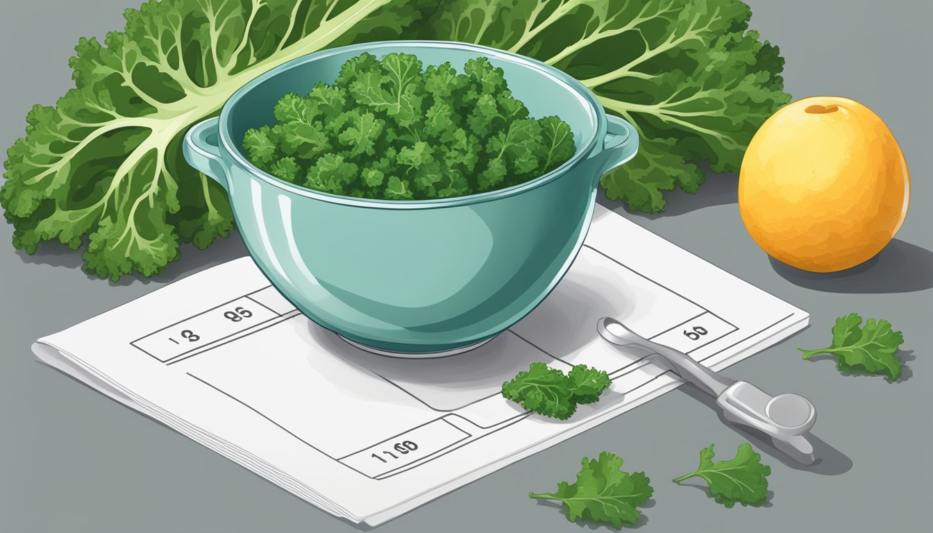 A bowl of kale leaves next to a measuring cup, with a daily vitamin K intake amount marked on the cup