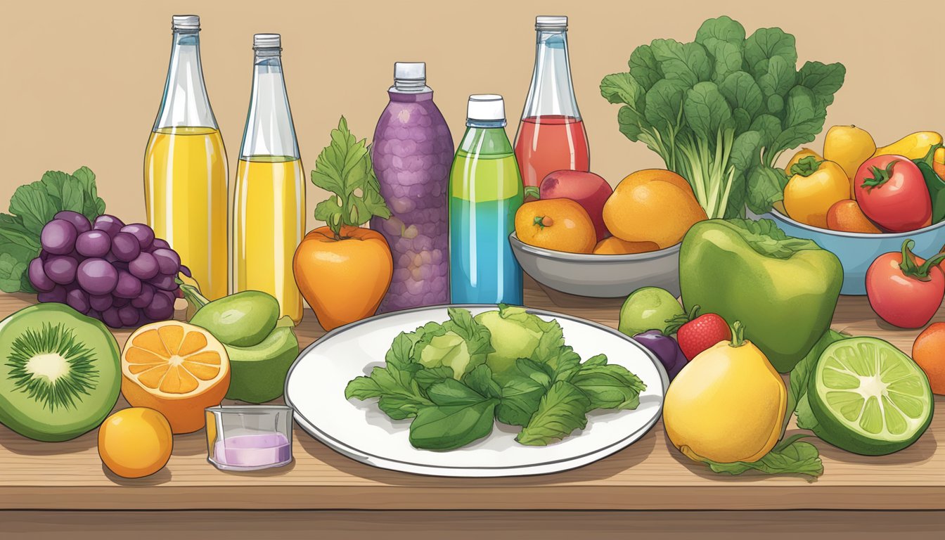 A table with various fruits, vegetables, and a bottle of Ultima Replenisher electrolyte drink