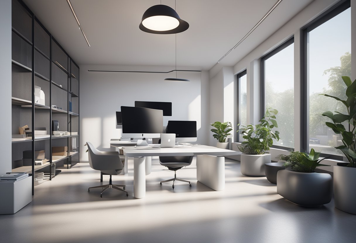 A sleek, modern office space with a Quasa Connect white paper displayed on a clean desk, surrounded by high-tech gadgets and devices