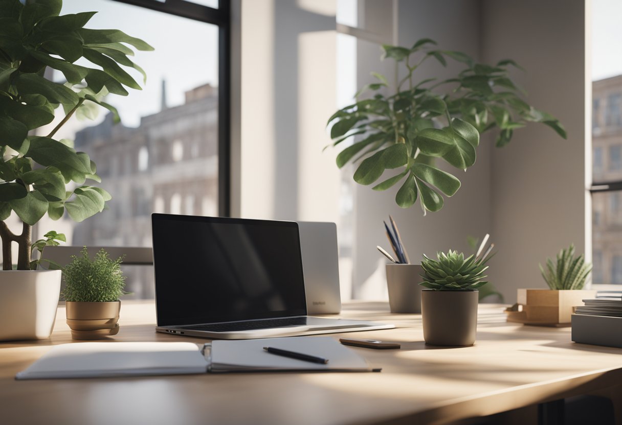 A modern office desk with a laptop, notebook, and pen. A window with natural light and a potted plant in the background