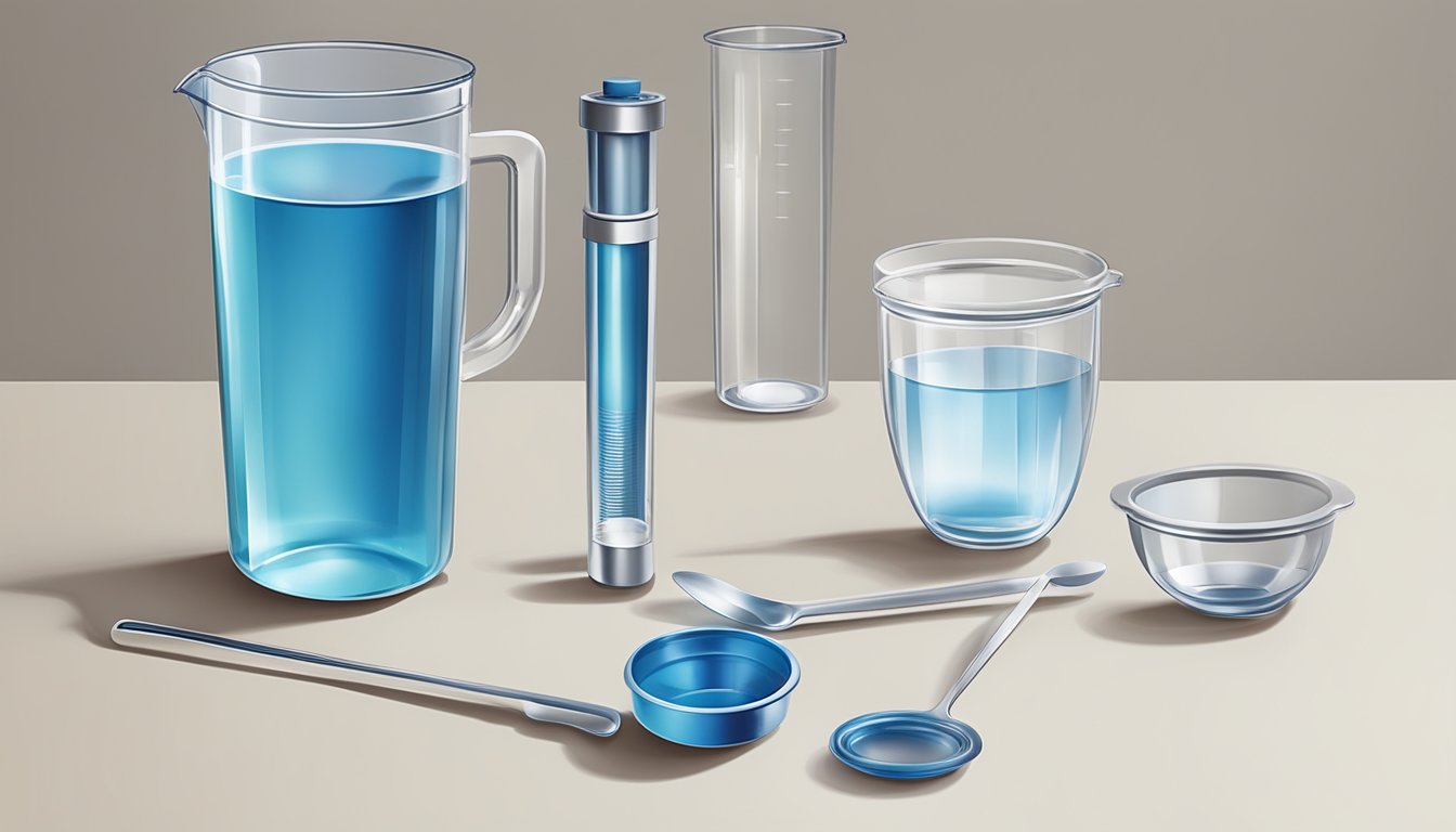 A table with multiple Ultima Replenisher containers, a glass of water, and a measuring spoon