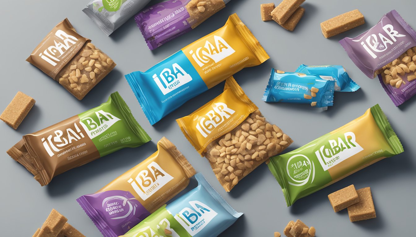 A table with an assortment of IQBar Brain and Body Plant Protein Bars, some partially eaten, surrounded by empty wrappers