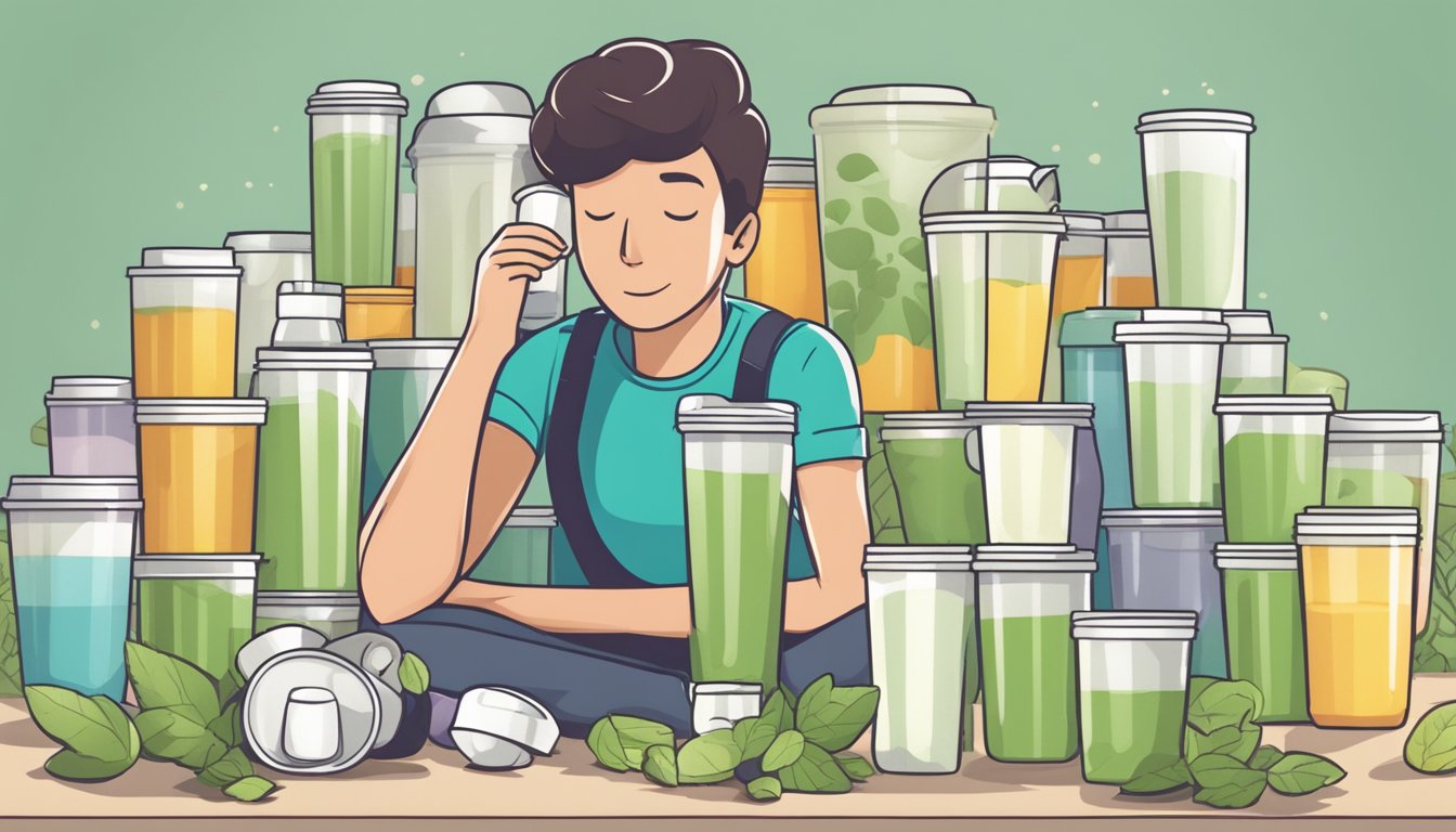 A person surrounded by empty plant meal replacement shake containers, looking overwhelmed