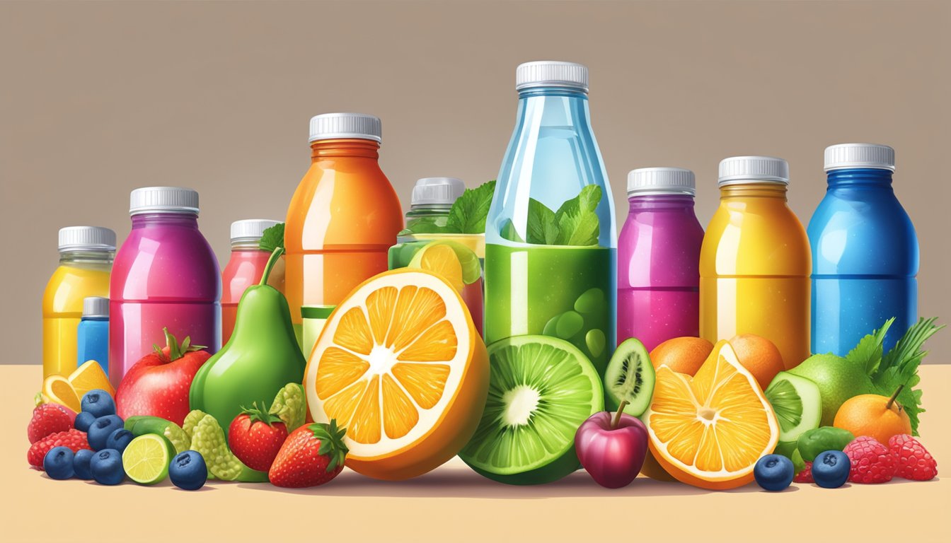 A colorful array of fruits, vegetables, and vitamin bottles, surrounded by glowing energy drinks and water, with a measuring spoon overflowing with multivitamins