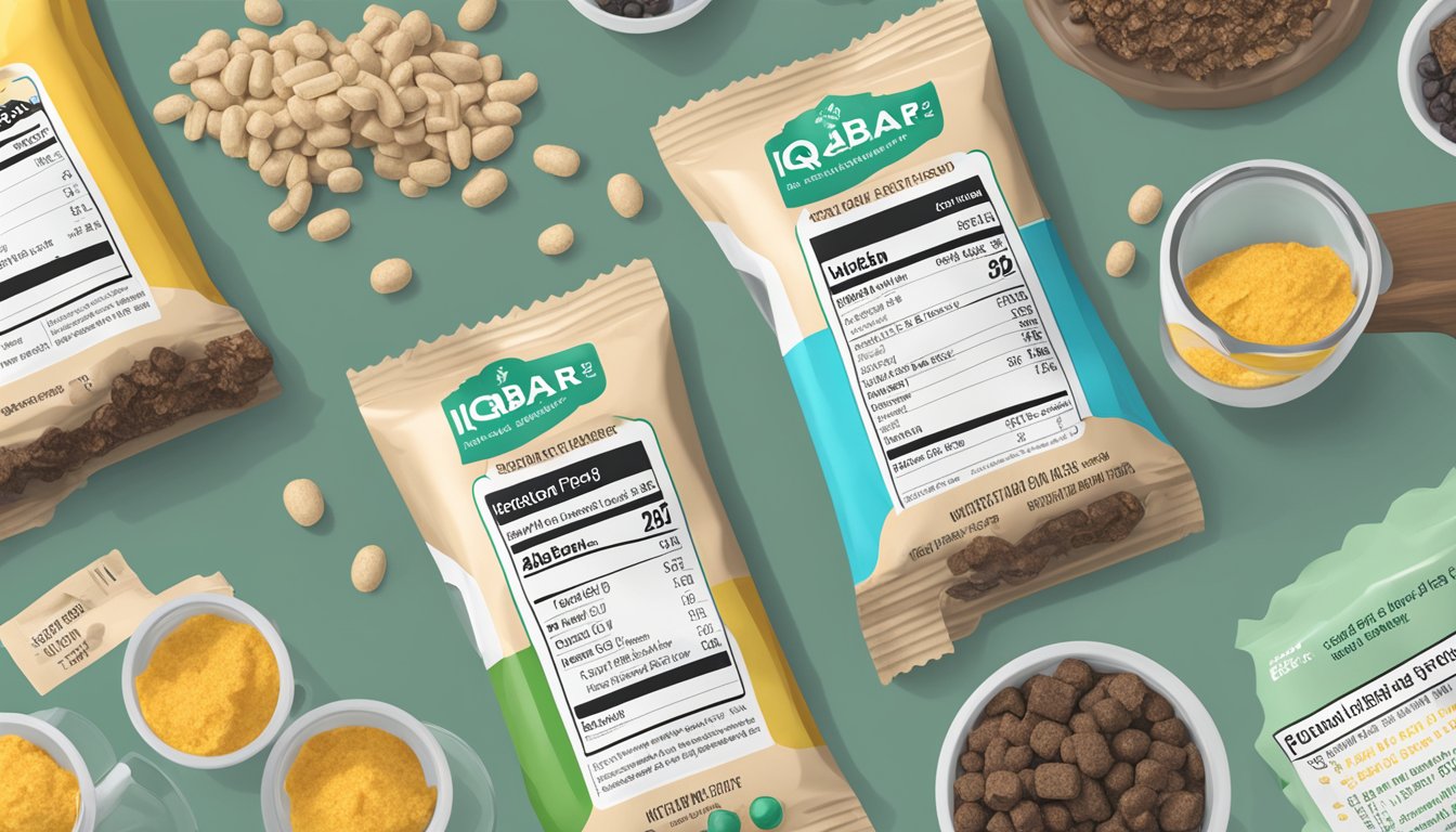 A pile of IQBAR brain and body plant protein bars, with a question mark hovering above, surrounded by measuring cups and a nutrition label