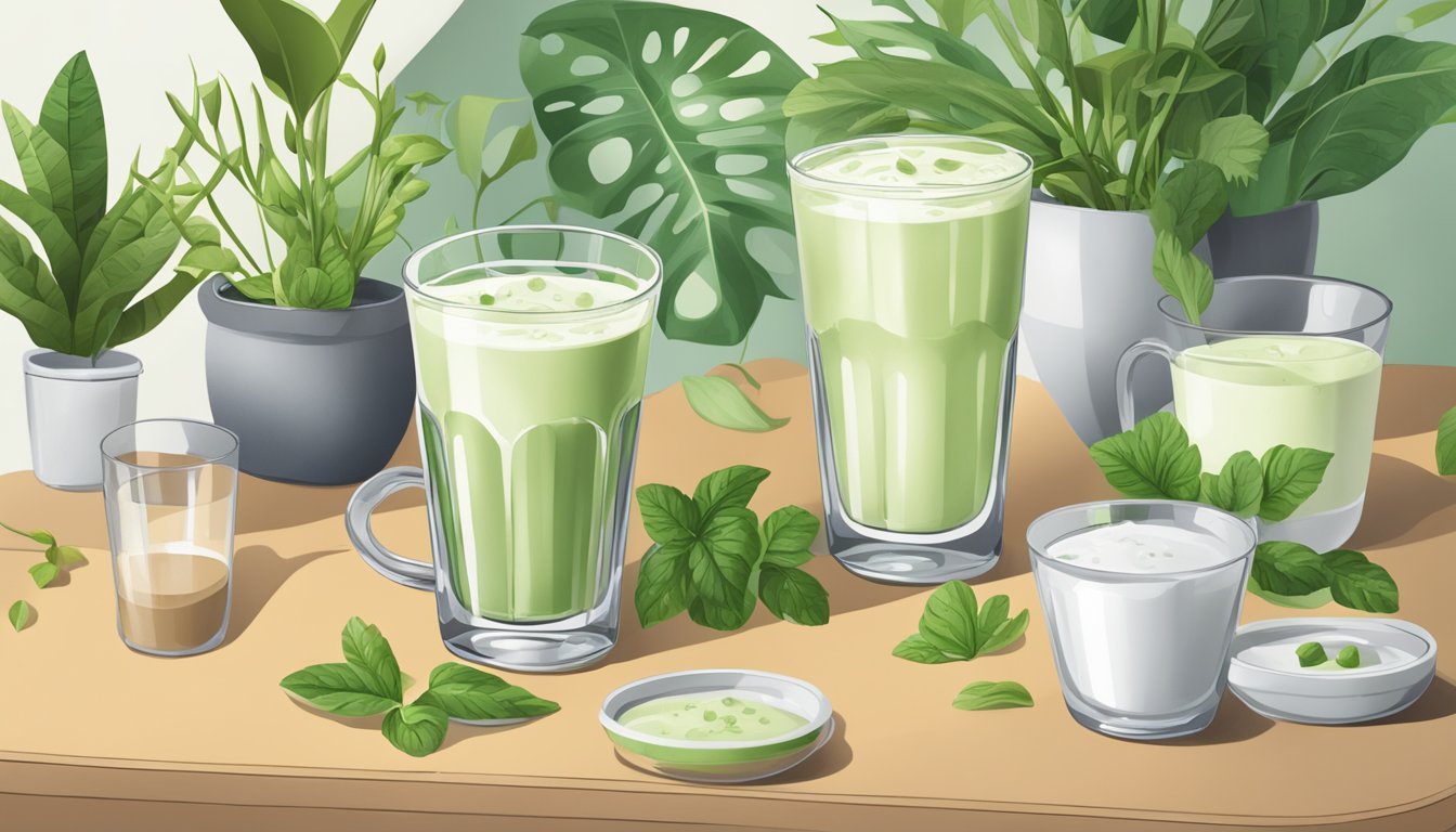 A table with multiple empty glasses and a spilled plant-based shake, surrounded by various plants and a measuring cup