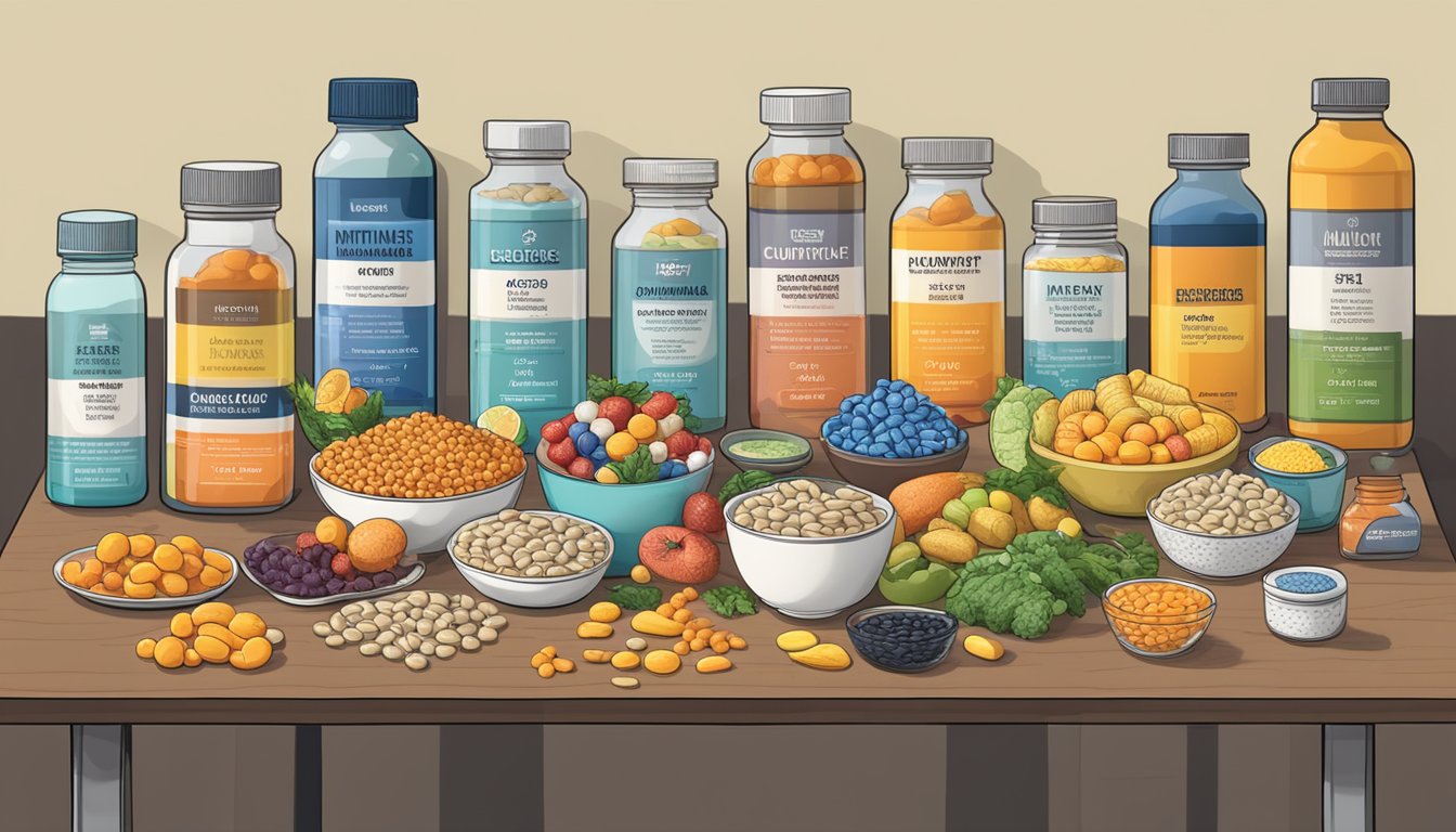 A table with an overflowing array of multivitamins, electrolyte bottles, and nutrient-rich foods, surrounded by caution signs