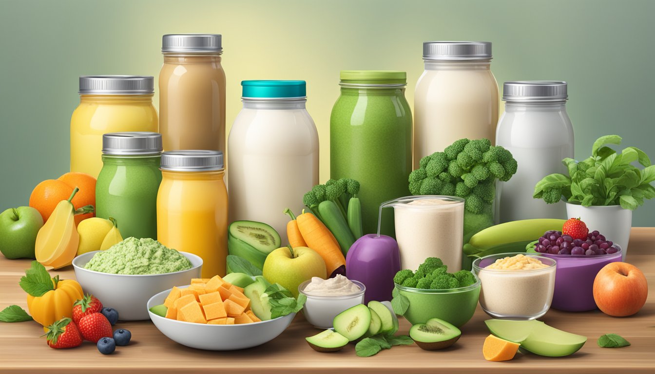 A table with various plant-based meal replacement shake containers, surrounded by fruits and vegetables