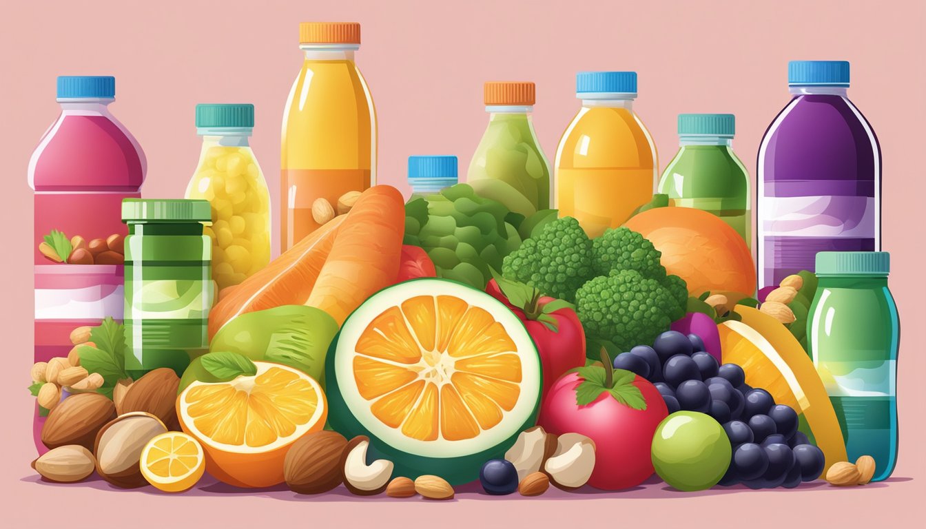 A colorful array of fruits, vegetables, and nuts, surrounded by bottles of multivitamins and electrolyte drinks, with a clear message of balance and moderation