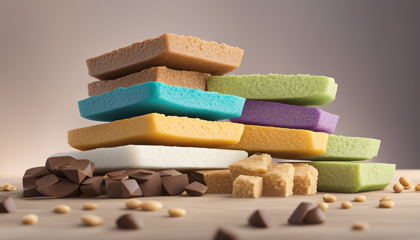 A colorful array of IQBAR plant protein bars, stacked in a pyramid formation on a sleek, modern countertop